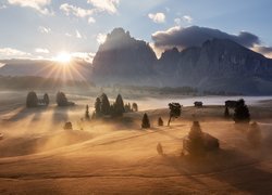 Włochy, Płaskowyż Seiser Alm, Dolina Val Gardena, Dolomity, Góry Sassolungo, Drewniane, Domki, Drzewa, Mgła