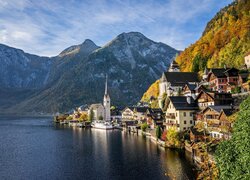Austria, Hallstatt, Domy, Kościół, Góry, Jezioro Hallstattersee