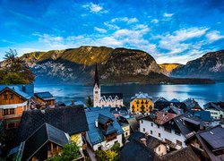 Austria, Góry, Alpy, Miasteczko, Hallstatt, Domy, Kościół, Jezioro Hallstattersee