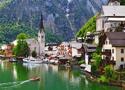Jezioro Hallstattersee, Kościół, Domy, Łodzie, Góry, Hallstatt, Austria
