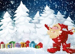 Mikołaj i prezenty na tle ośnieżonych choinek