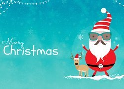 Grafika, Mikołaj, Renifer, Napis, Merry Christmas