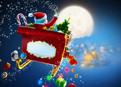 Mikołaj w saniach rozrzuca prezenty dla dzieci