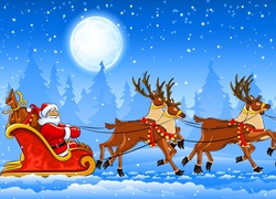 Mikołaj w saniach spieszy z prezentami pośród księżycowej nocy