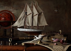 Kompozycja, Statek, Globus, Luneta