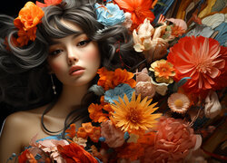 Młoda kobieta i kolorowe kwiaty w grafice 2D