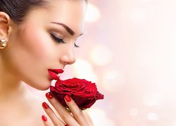 Kobieta, Profil, Makijaż, Manicure, Klips, Róża