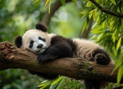 Śpiąca, Młoda, Panda, Konar, Liście, Grafika