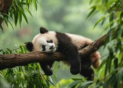 Śpiąca, Młoda, Panda, Drzewo, Konar, Liście, Grafika