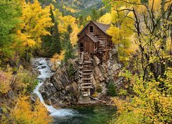 Drewniany, Młyn, Crystal Mill, Rzeka, Crystal River, Jesień, Skały, Drzewa, Kolorado, Stany Zjednoczone