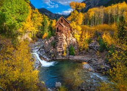 Stany Zjednoczone, Kolorado, Młyn, Crystal Mill, Jesień, Drzewa, Krzewy, Rzeka