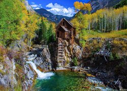 Stany Zjednoczone, Kolorado, Młyn, Crystal Mill, Rzeka, Skały, Drzewa