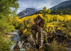 Stany Zjednoczone, Stan Kolorado, Młyn Crystal Mill, Las, Drzewa, Góry, Rzeka, Jesień