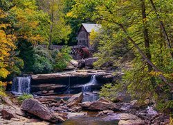 Drzewa, Rzeka, Skały, Młyn wodny, Glade Creek Grist Mill, Jesień, Park Babcock State, Wirginia Zachodnia, Stany Zjednoczone