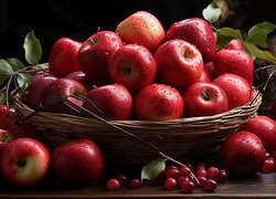 Mokre czerwone jabłka w koszyku i obok