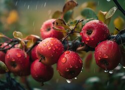 Mokre jabłka na gałęzi w padającym deszczu