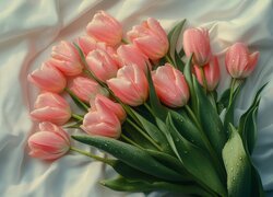 Kwiaty, Różowe, Tulipany, Tkanina, Krople