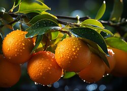 Mokre rozświetlone pomarańcze i liście na gałązce