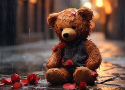 Mokry pluszowy miś i złamane róże na ulicy w padającym deszczu