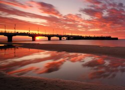 Molo, Plaża, Morze, Zachód słońca