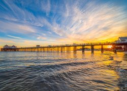 Morze, Plaża, Molo, Wschód słońca, Malibu, Kalifornia, Stany Zjednoczone