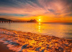 Morze, Plaża, Molo, Zachód słońca, Malibu, Kalifornia, Stany Zjednoczone