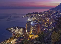 Noc, Morze, Oświetlone, Miasto, Monako