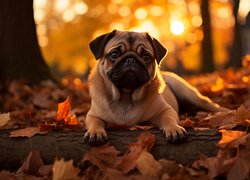 Pies, Mops, Drzewo, Liście, Jesień