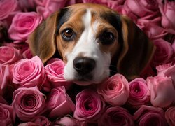 Pies, Beagle, Kolorowe, Róże