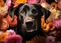 Mordka psa wśród kolorowych kwiatów