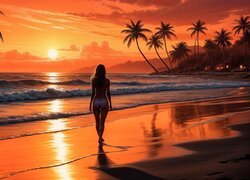 Morze, Zachód słońca, Kobieta, Plaża, Grafika