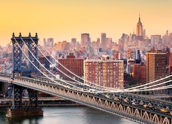 Most, Most Brookliński, Brooklyn Bridge, Domy, Manhattan, Nowy Jork, Stany Zjednoczone