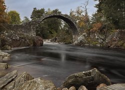 Rzeka, River Dulnain, Most, Coffin Bridge, Skały, Drzewa, Park Narodowy Cairngorms, Szkocja