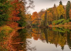 Niemcy, Saksonia, Park Rododendronów Kromlau, Kamienny, Most łukowy, Most Diabła, Jezioro Rakotz, Jesień,  Drzewa