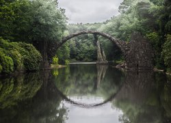 Niemcy, Saksonia, Park Rododendronów Kromlau, Kamienny, Most łukowy, Jezioro Rakotz, Odbicie