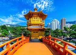 Świątynia, Golden Pavilion Chi Lin Nunnery Temple, Ogród, Chi Lin Nunnery, Most, Diamond Hill, Hongkong, Chiny