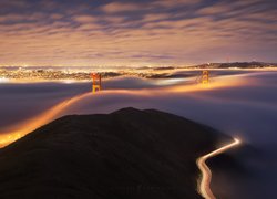 Stany Zjednoczone, San Francisco, Most, Golden Gate Bridge, Mgła, Miasto, Światła