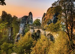 Park Narodowy Saskiej Szwajcarii, Formacja skalna Bastei, Most, Skały, Drzewa, Góry Połabskie, Niemcy