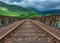 Most kolejowy nad rzeką w zalesionych górach