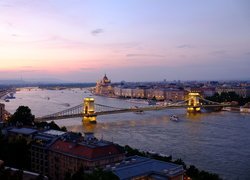 Budapeszt, Rzeka Dunaj, Most Łańcuchowy, Parlament, Zachód słońca, Węgry