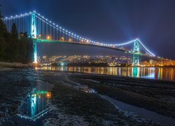 Kanada, Vancouver, Oświetlony, Most, Lions Gate Bridge, Domy, Noc, Światła, Zatoka Burrard Inlet