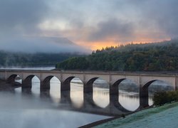 Anglia, Hrabstwo Derbyshire, Ladybower Reservoir, Jezioro, Most, Wzgórza, Mgła, Drzewa