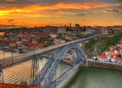 Portugalia, Miasto, Porto, Rzeka Duero, Most, Domy, Zachód słońca