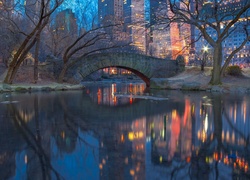 Nowy Jork, Manhattan, Central Park, Most, Drzewa, Domy