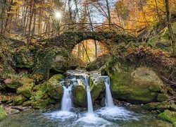 Jesień, Wodospad Schiessentumpel, Rzeka, Most, Skały, Las, Drzewa, Mała Szwajcaria, Mullerthal, Luksemburg