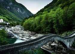 Szwajcaria, Dolina Verzaska, Lavertezzo, Rzeka Verzaska, Most Ponte dei Salti, Las, Drzewa, Domy, Skały, Góry