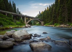 Las, Drzewa, Rzeka, Payette River, Kamienie, Most, Rainbow Bridge, Idaho, Stany Zjednoczone