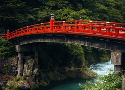 Czerwony, Most, Shinkyo Bridge, Rzeka, Drzewa, Nikko, Japonia