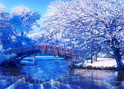 Most, Rzeka, Dziewczyna, Drzewa, Zima, Śnieg, Grafika