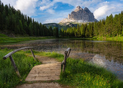 Las, Trawa, Drzewa, Brzeg, Jezioro, Antorno Lake, Mostek, Góry, Dolomity, Masyw, Tre Cime di Lavaredo, Chmury, Włochy